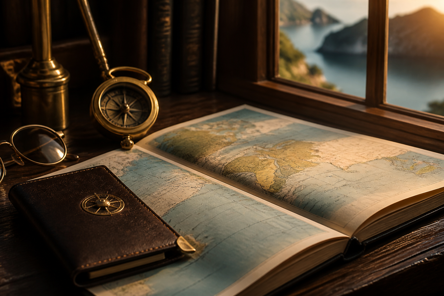Travel planning with map, passport and compass on a wooden desk