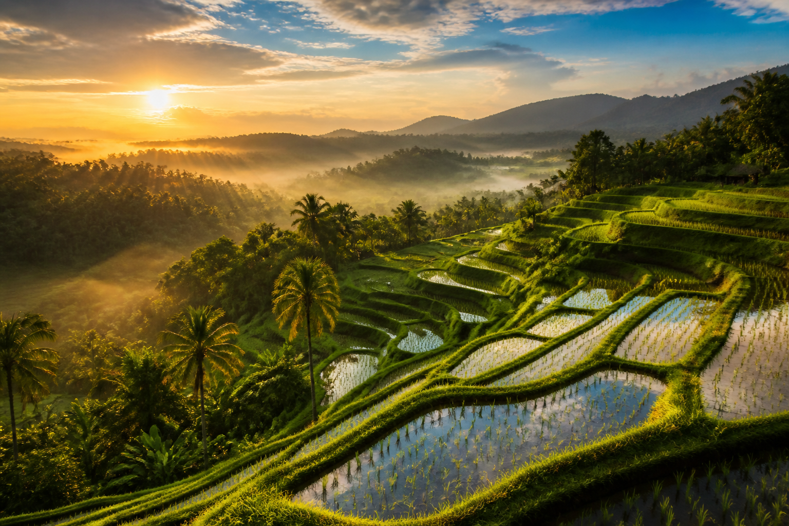 Lush tropical rice terraces at golden sunrise