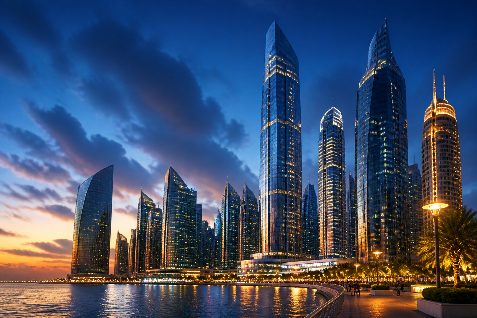 Modern city skyline reflecting sunset over the waterfront