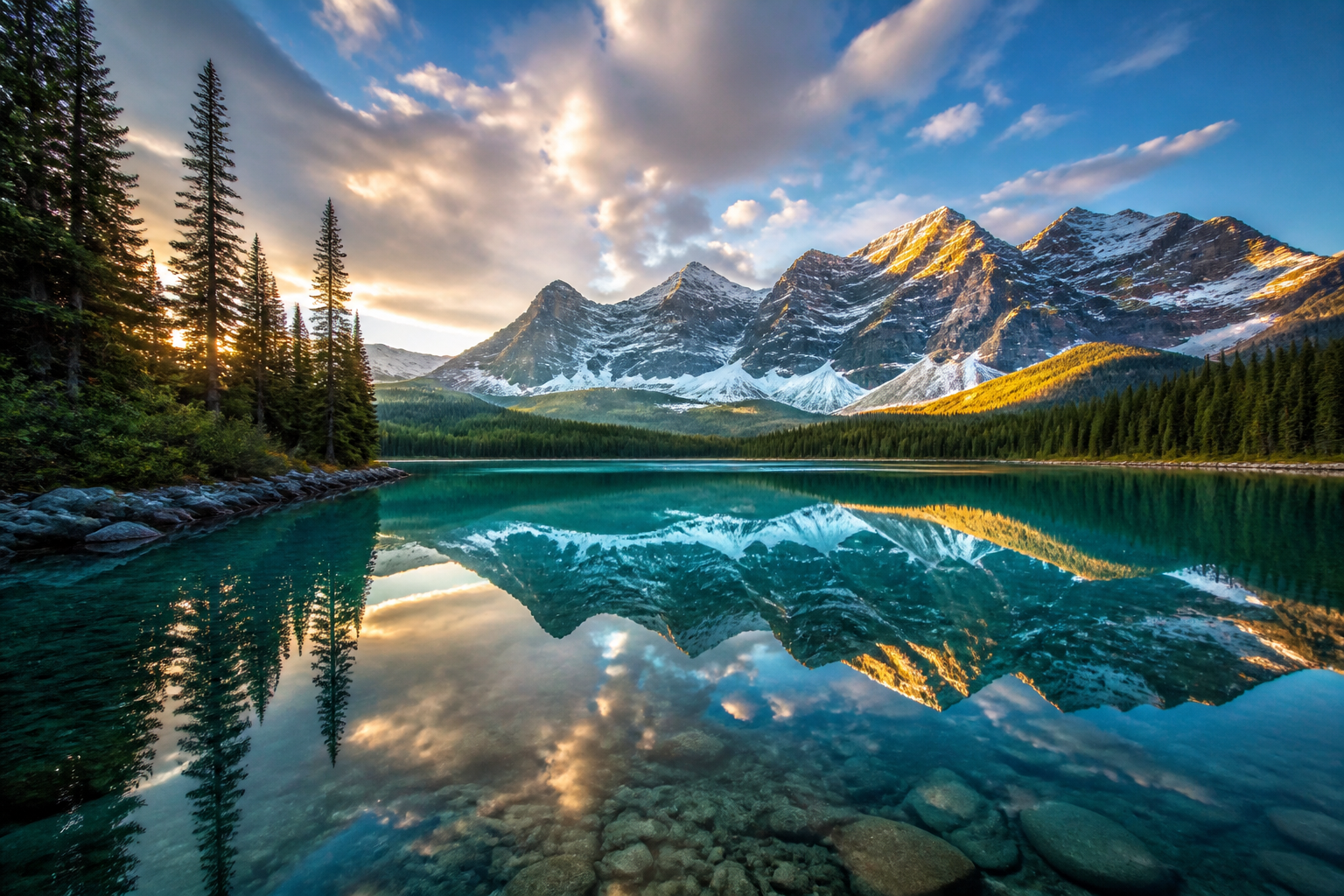 Alpine mountain lake with dramatic peaks and pine forests